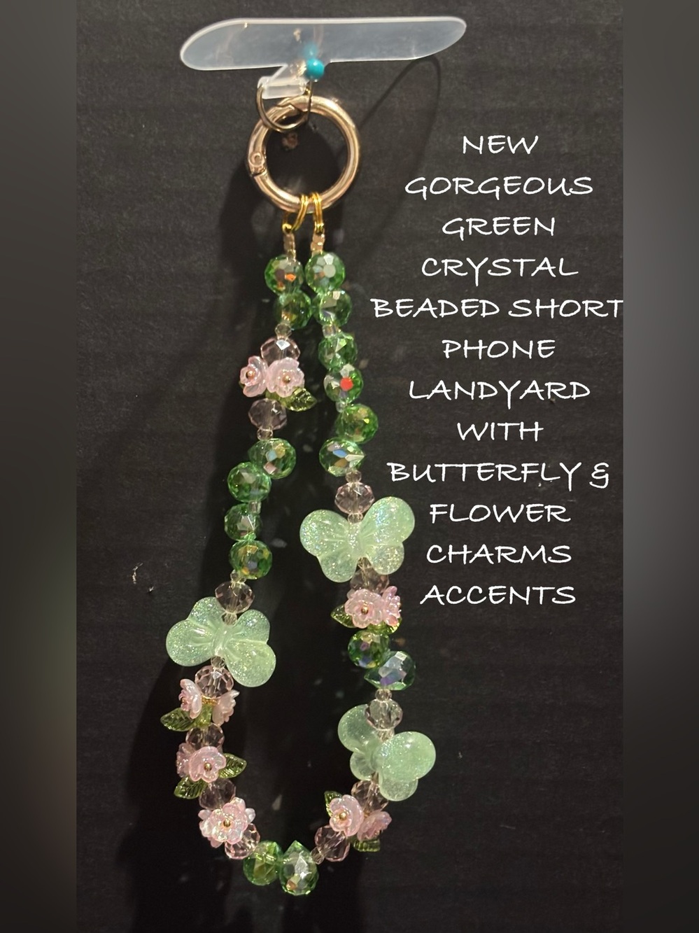 GORGEOUS GREEN GOLD CRYSTAL BEADED PHONE LANYARD WITH BUTTERFLY & FLOWER CHARMS